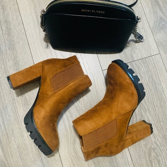 Women New Tan Faux Suede Heeled Boots With Elastic Band - Picture 1 of 7